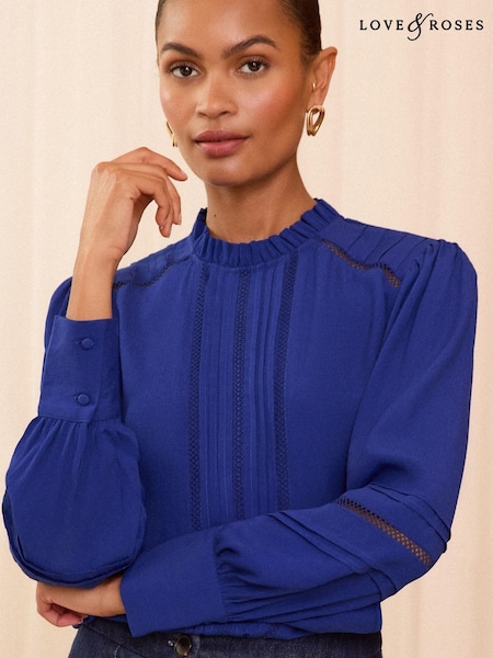 כחול  - Love & Roses Ruffle Neck Pintuck Detail Long Sleeve Blouse (AN8559) | ‏191‏₪