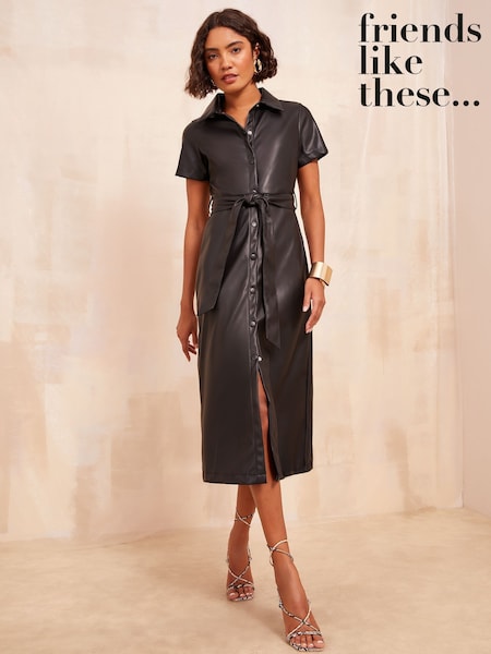Friends Like These Black Faux Leather Midi Shirt Dress (AN8564) | €74