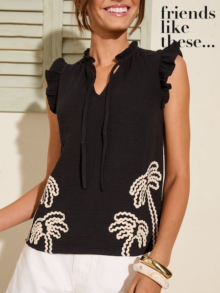 Friends Like These Black Palm Embroidered 100% Cotton Blouse (AN8592) | AZN 80
