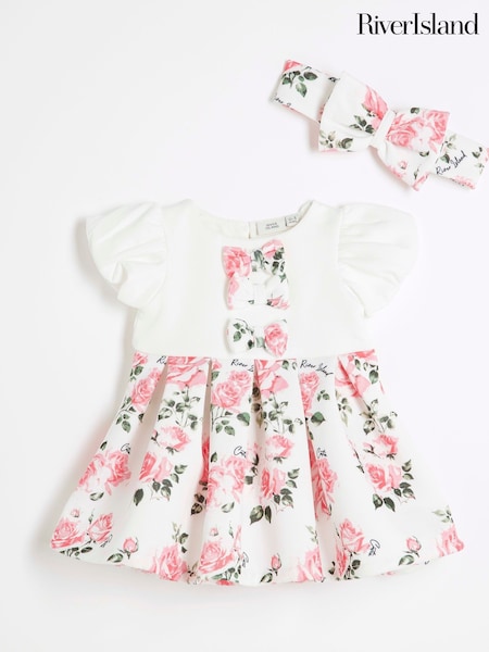River Island Pink Baby Girls Rose Print Scuba 100% Cotton Dress (AN8618) | €37