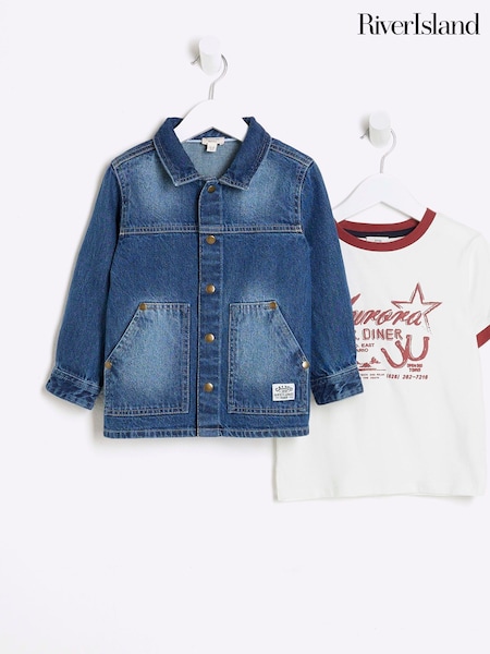 River Island Blue Boys 100% Cotton Denim Shacket T-Shirt Set (AN8620) | €37
