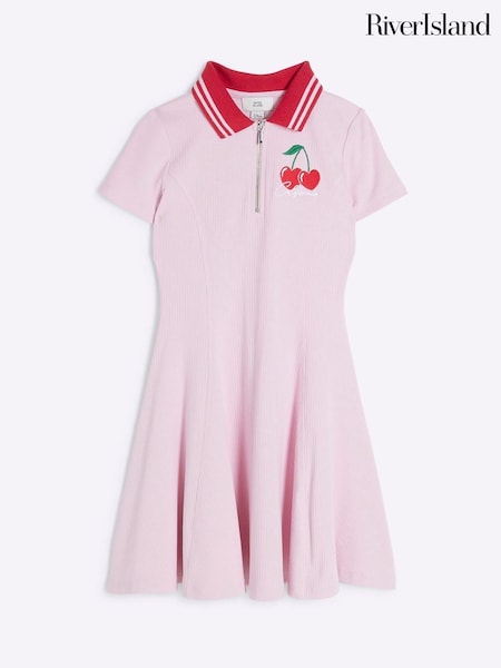 River Island Pink Girls Ribbed Cherry Zip 100% Cotton Dress (AN8621) | €28
