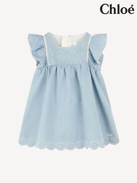 Chloé Baby Blue Logo Scalloped Chambray Dress and Hat Set (AN8697) | AED1,368