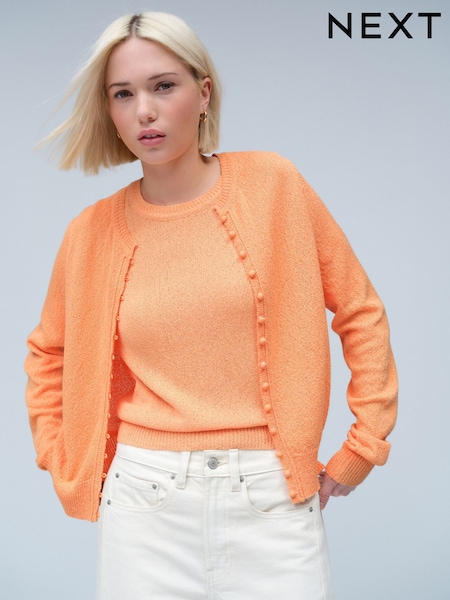 Orange Textured Skinny Rib Crew Neck Cardigan (AN8713) | R$ 305
