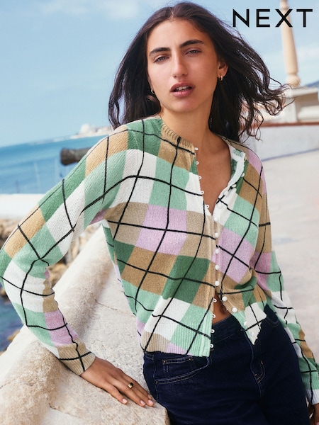Green Argyle Check Textured Skinny Rib Crew Neck Cardigan (AN8718) | R$ 365