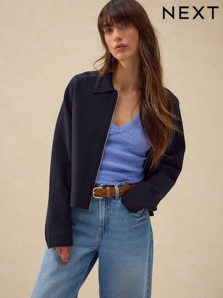 Navy Blue Smart Zip Through Knitted Collar Jacket (AN8719) | R$ 340