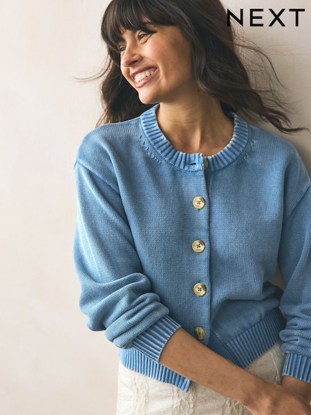 Синий - Cotton Washed Crew Neck Cardigan (AN8721) | €40