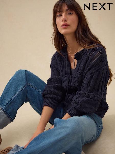Azul marinho - Cotton Tie Front Stitch Cardigan (AN8730) | R$ 350