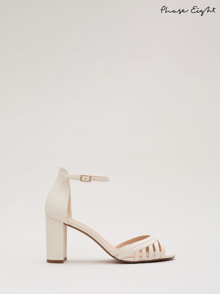 Phase Eight White Leather Strappy Block Heel Sandals (AN8759) | 589 QAR