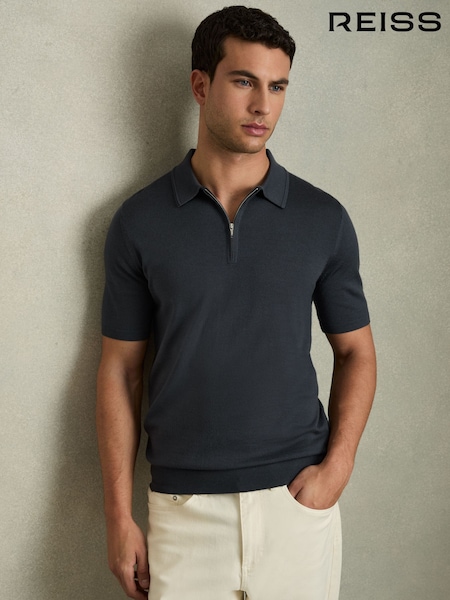 Reiss Blackened Blue Maxwell Merino Wool Half-Zip Polo Shirt (AN8862) | €125