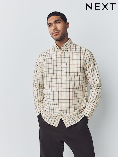 Ecru Tattersall Check Regular Fit Easy Iron Button Down Oxford Shirt (AN8932) | €29