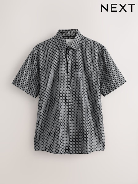 Black Link Regular Fit 100% Cotton Geometric Print Short Sleeve Smart Shirt (AN8936) | €37
