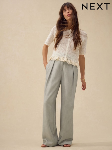Grey Herringbone Elastic Back Wide Leg Trousers (AN8937) | €51.50