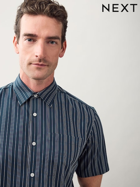 Navy Regular Fit Stripe Short Sleeve Lyocel Cotton Blend Smart Shirt (AN8939) | €40