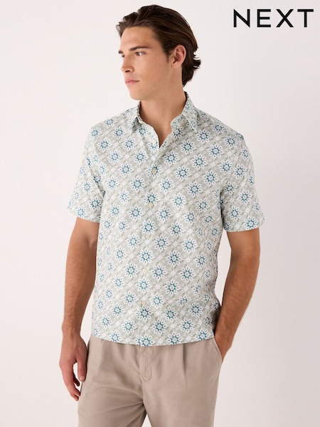 Seafoam Green Tile Regular Fit Print Short Sleeve Shirt (AN8941) | €46
