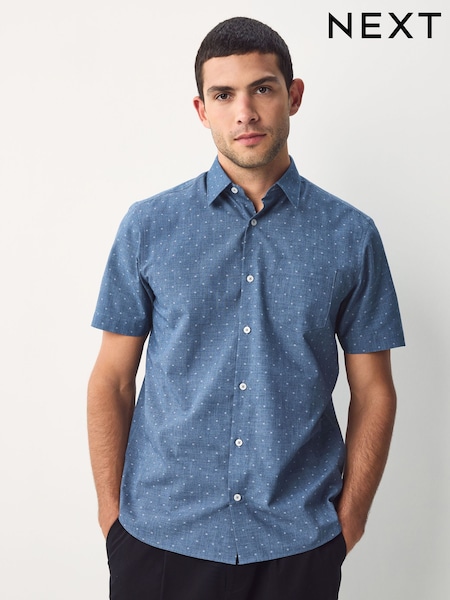 Albastru întunecat - Short Sleeve Embroided Print Smart Shirt (AN8952) | 162 LEI