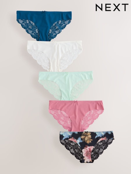 Black Floral Print Brazilian No VPL Lace Back Briefs 5 Pack (AN9031) | €38