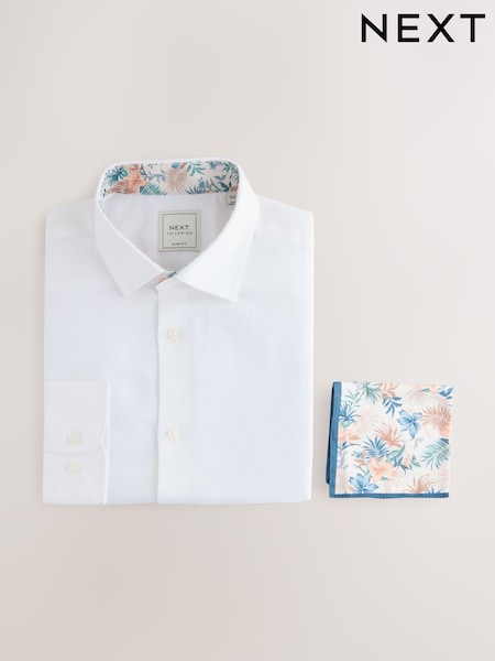 לבן עם טקסטורה - Summer Cotton Blend Smart Shirt And Pocket Square Pack (AN9044) | ‏131‏₪ - ‏138‏₪