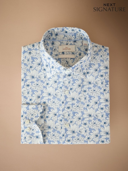Albastru nuanță cer - Signature 100% Cotton Floral Print Long Sleeve Shirt (AN9051) | 405 LEI