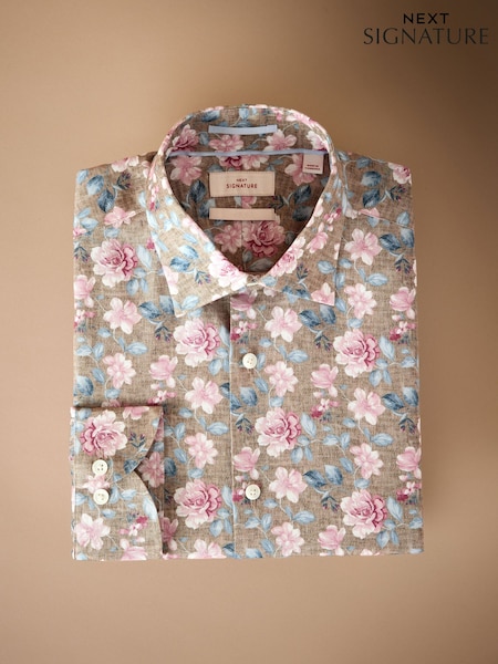 Neutral Brown/Pink Slim Fit Signature 100% Cotton Floral Print Long Sleeve Shirt (AN9058) | € 90