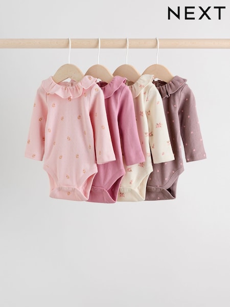Pink/ Cream/ Brown Ditsy Baby Long Sleeve Frill Bodysuits 4 Pack (0mths-2yrs) (AN9068) | R421 - R457