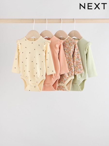 Blue/Cream/Coral Ditsy Baby Long Sleeve Frill Bodysuits 4 Pack (0mths-2yrs) (AN9069) | €35 - €38