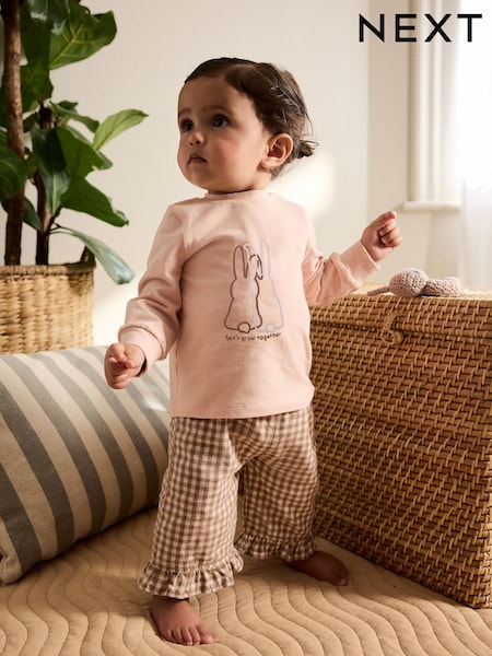 Pink/ Neutral Gingham Baby Long Sleeve Peplum Top and Trousers Set 2 Piece (0mths-2yrs) (AN9093) | AED81 - AED91