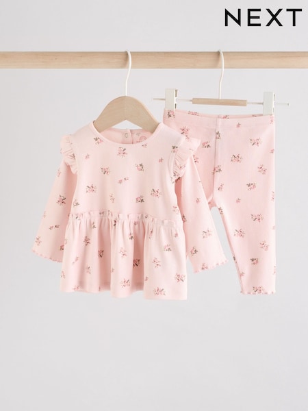 Pink Ditsy Baby Long Sleeve Frill Top And Leggings Set (0mths-2yrs) (AN9097) | AED56 - AED66