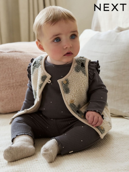 Grey Floral Baby Long Sleeve Top and Leggings with Gilet Set 3 Piece (0mths-2yrs) (AN9099) | R$ 235 - R$ 255