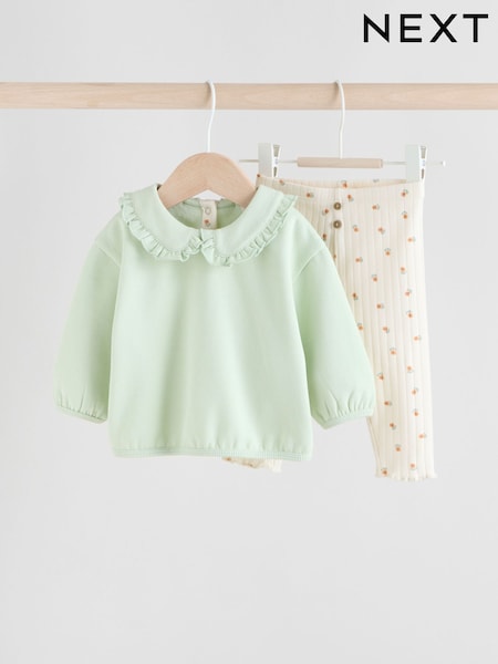 Sage Green/ Cream Ditsy Baby Frill Collar Sweater and Leggings 2 Piece Set (0mths-2yrs) (AN9103) | €16.50 - €18.50