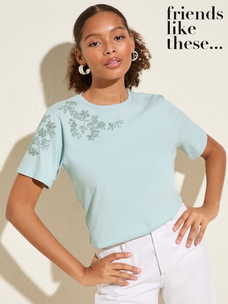 Friends Like These Pale Blue Floral Embellished 100% Cotton T-Shirt (AN9172) | 1,802 UAH