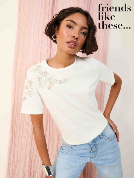 Friends Like These Cream Floral Embellished 100% Cotton T-Shirt (AN9176) | 1,802 UAH