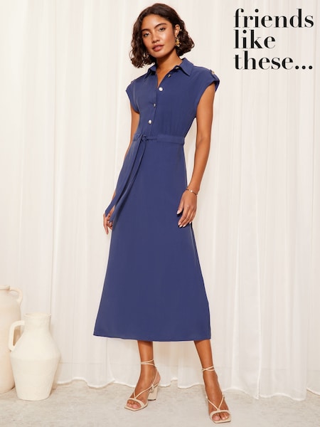 Friends Like These Blue Short Sleeve Button Detail Utility Dress (AN9310) | R$ 535