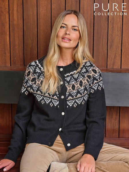 Pure Collection Wool Cashmere Fairisle Black Cardigan with Diamante Button (AN9393) | € 125