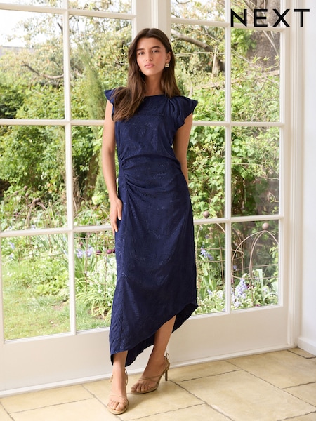 Navy Ruched Satin Jacquard Midi Dress (AN9419) | AED168