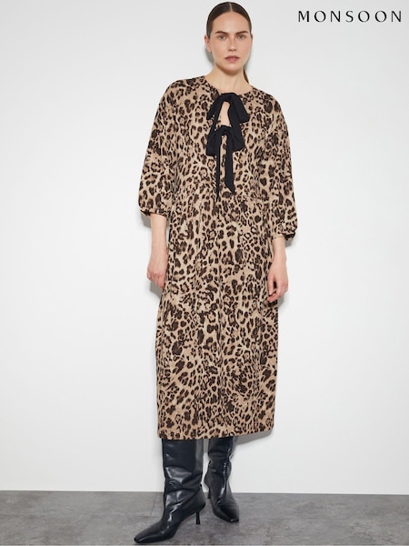 Monsoon Brown Archie Tie-Front Leopard Print Midi Dress (AN9563) | €61