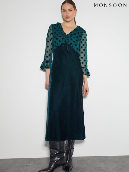 Monsoon Blue Dora Polka Dot Velvet Midi Dress (AN9564) | 371 QAR
