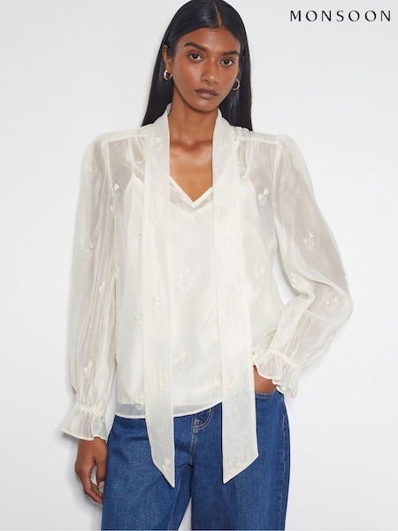 Monsoon Natural Mae Organza Pussybow Blouse (AN9566) | AED266