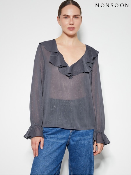 Monsoon Grey Emmy Sheer Sparkle Frill Blouse (AN9578) | €34