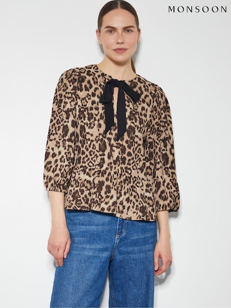 Monsoon Brown Archie Leopard Print Peplum Top (AN9581) | €36