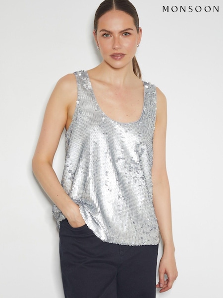 Monsoon Silver Gabrielle Sequin Embellished Cami Top (AN9589) | AED245