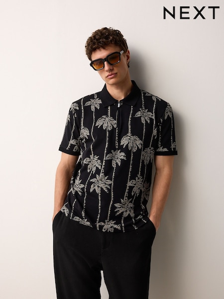 Black Palm Tree Pattern Quarter Zip Polo Shirt (AN9901) | 139 QAR