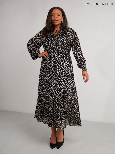 Live Unlimited Black Curve Golden Leopard Metallic Midaxi Dress (AN9944) | €79