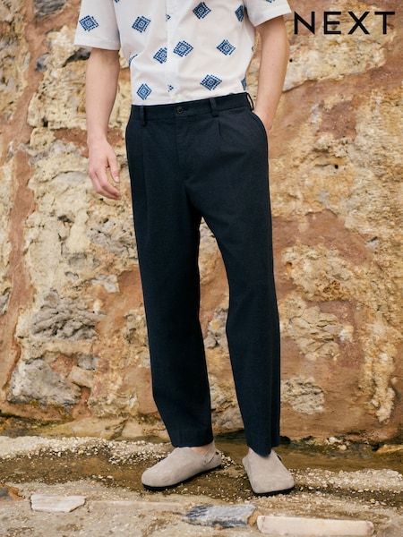 Navy Slim Fit Cotton Blend Texture Suit Trousers (AN9966) | OMR26