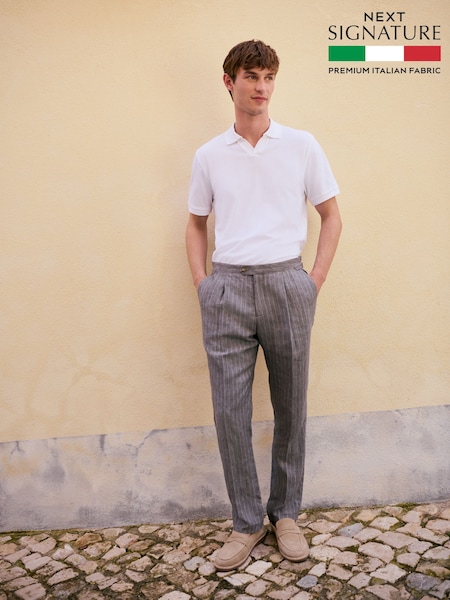 Grey Slim Fit Signature Leomaster Italian Striped Linen Fabric Suit Trousers (AN9980) | €126