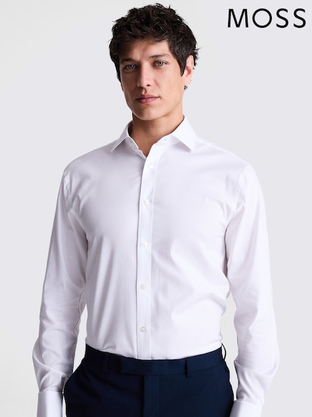 MOSS White Regular Fit Double Cuff Dobby Stretch Shirt (AP0104) | €57