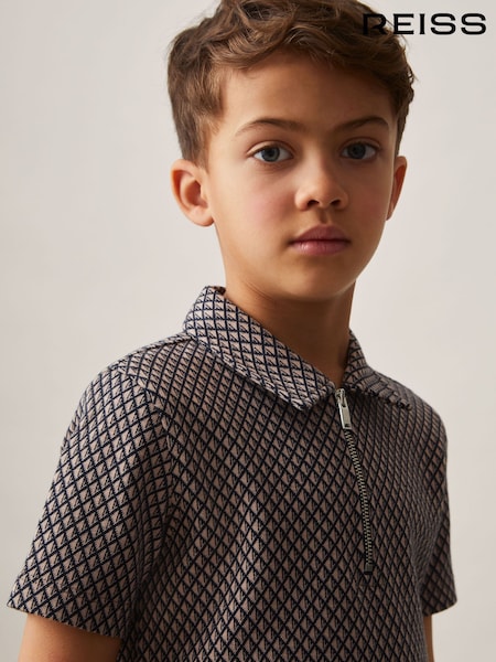 Reiss Tobacco Brown/Navy Baines 3-9 yrs Geometric Jacquard Polo Shirt (AP0273) | €45