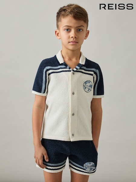 Reiss Navy/Airforce Blue/White Mitchell Chenille Airlines Embroidery Shirt (AP0320) | $90