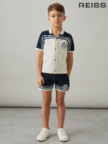Reiss Navy/Airforce Blue/White Pete Chenille Airlines Embroidery Shorts (AP0324) | kr762