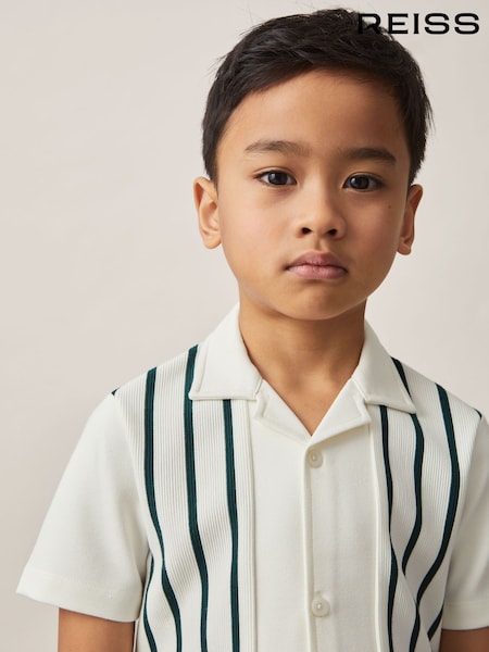 Reiss Off White/Green Chaplin 9-13 yrs Stripe Cuban Collar Shirt (AP0362) | €55
